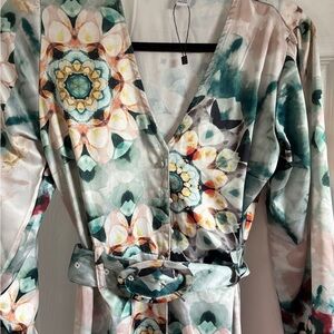 Floral Kaleidoscope Satin Wrap Dress - Teal, Peach, Cream